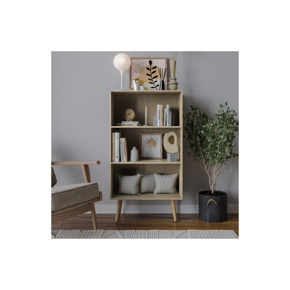 (Oak, Beech) 60cm Wide 3 Tier Bookcase Storage Cabinet Scandinavian Style Legs Dining Room Display