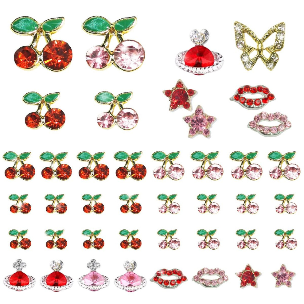 Qiipii 42 Pcs 3D Cherry Nail Charms Heart Planet Star Lips Valentines Day Charms For Nails Kawaii Nail Rhinestones Gems Studs Cute Shiny Diamonds Jewe