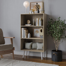 (Oak, White) 60cm Wide 3 Tier Bookcase Storage Cabinet Scandinavian Style Legs Dining Room Display