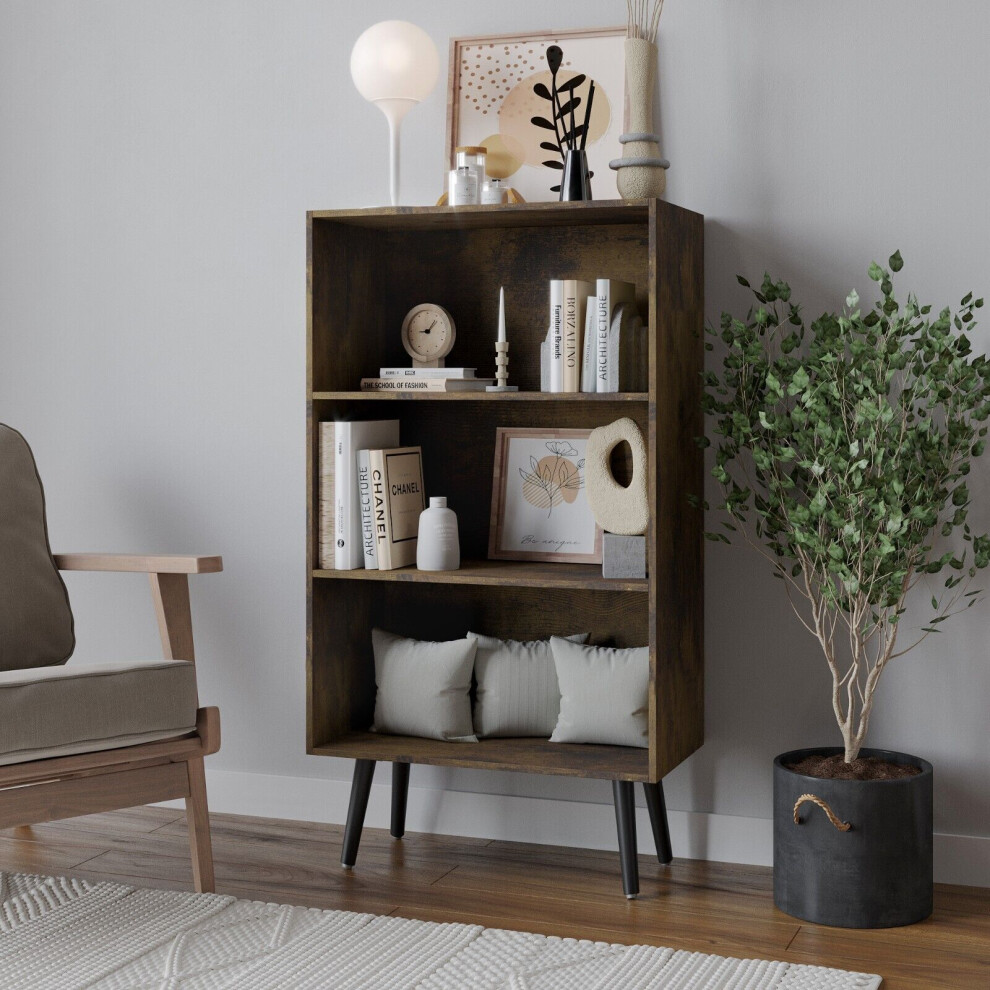 (Rustic Brown, Black) 60cm Wide 3 Tier Bookcase Storage Cabinet Scandinavian Style Legs Dining Room Display