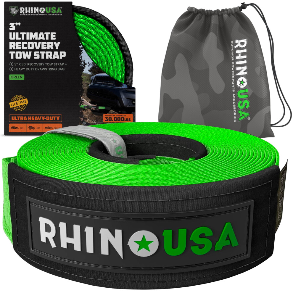 Rhino Usa Recovery Tow Strap 3 X 20' - 31 518Lb Break Strength - Emergency Recovery Strap Tow Rope For Truck Utv Atv & More - Heavy Duty Towing Stra 810109890606