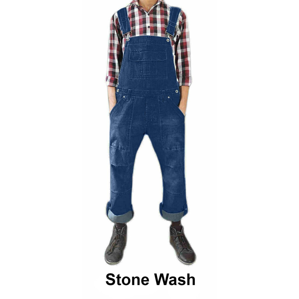 (Stone Wash, S) Mens Women Denim Dungarees FullLength Bib Overalls