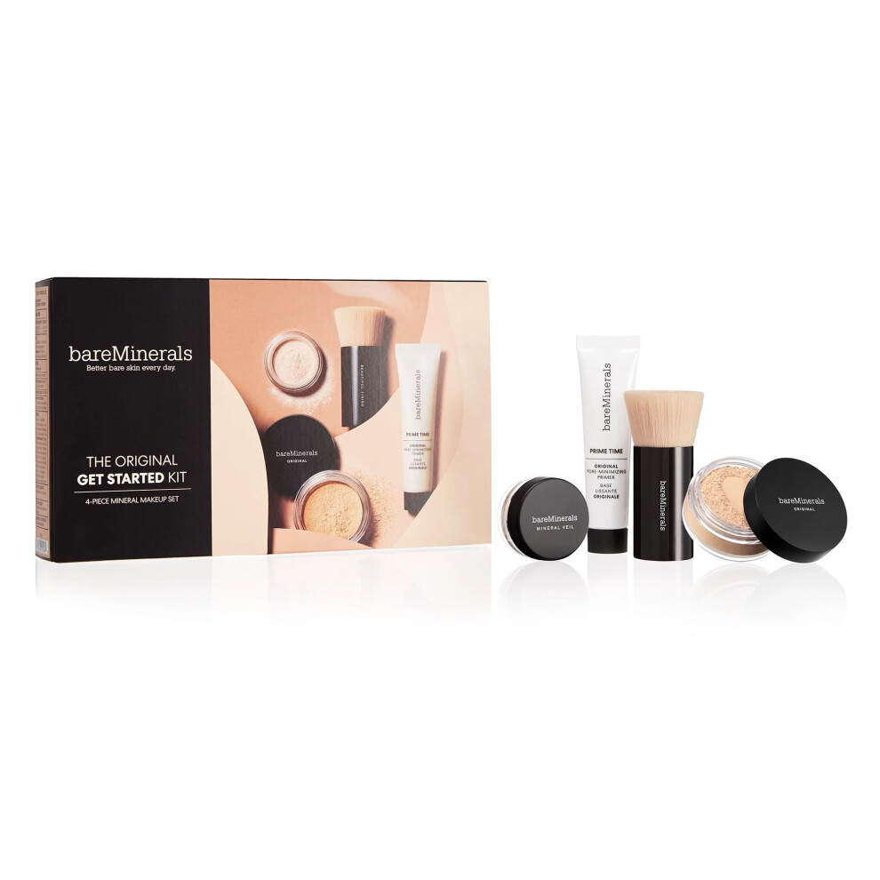 bareMinerals Original Get Started Kit  4 Piece Mini Mineral Makeup Includes Original Loose Foundation  Face Primer  Setting Powder  Brush  Travel Size
