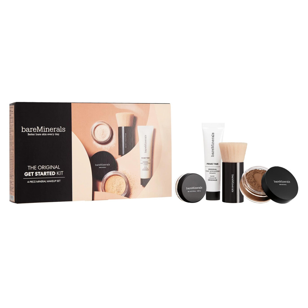 bareMinerals Original Get Started Kit  4 Piece Mini Mineral Makeup Includes Original Loose Foundation  Face Primer  Setting Powder  Brush  Travel Size