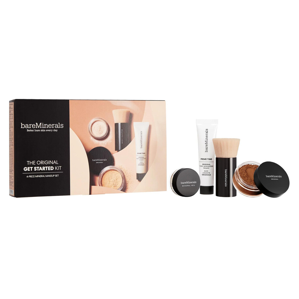 bareMinerals Original Get Started Kit  4 Piece Mini Mineral Makeup Includes Original Loose Foundation  Face Primer  Setting Powder  Brush  Travel Size