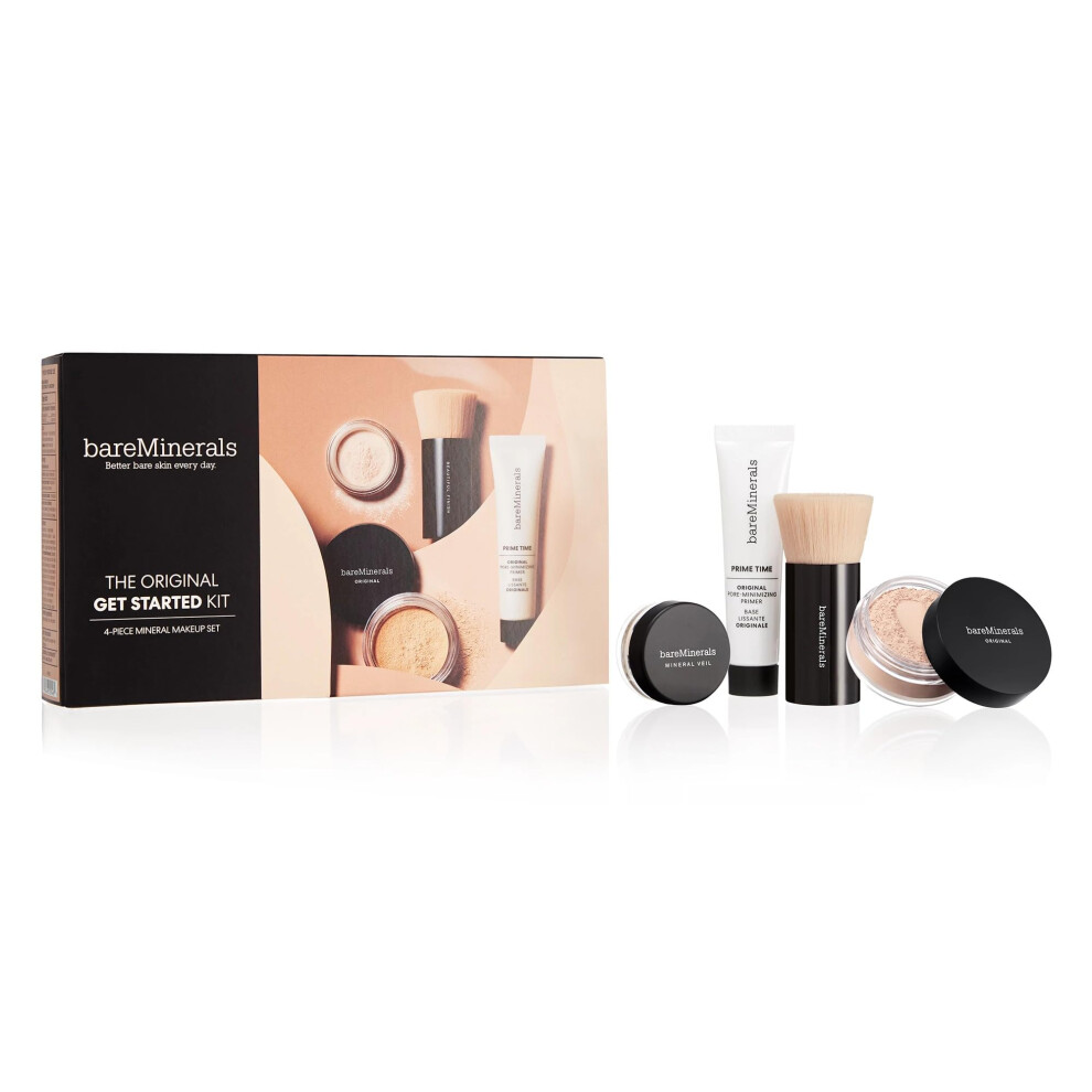 bareMinerals Original Get Started Kit  4 Piece Mini Mineral Makeup Includes Original Loose Foundation  Face Primer  Setting Powder  Brush  Travel Size