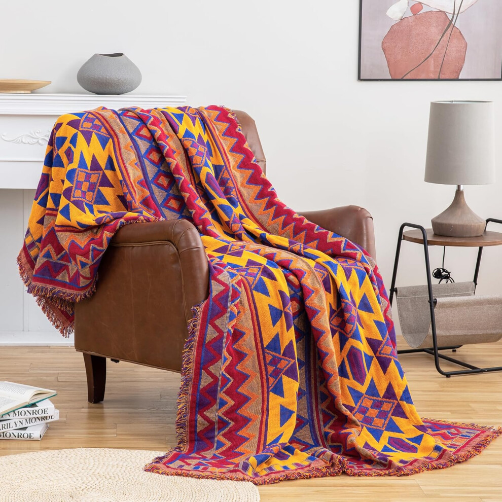 (230×250cm/91×98in) Bohemian Large Sofa Throw Blanket with Tassels,100% Handwoven Thick Cotton Knitted Reversible Sofa Throw for 2 3 4 Seater Settees Armchair
