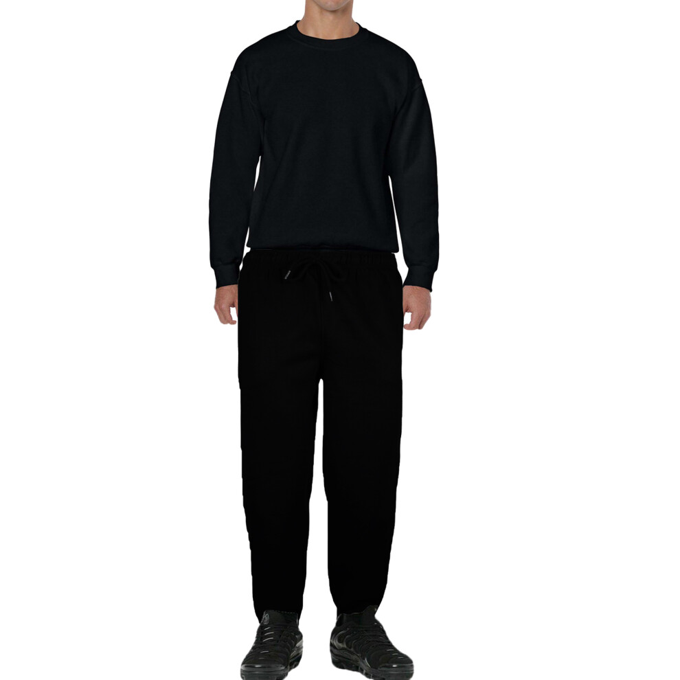 (Black, S) Mens Full Tracksuit Crew Neck Sweater Gym Jumper