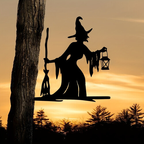 Witch Lantern On Branch Steel Silhouette Metal Wall Art Home Garden Yard  Statue Decoration