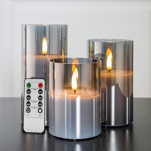Eywamage Glass Flameless Flickering Candles with Remote 3 Pack Realstic LED