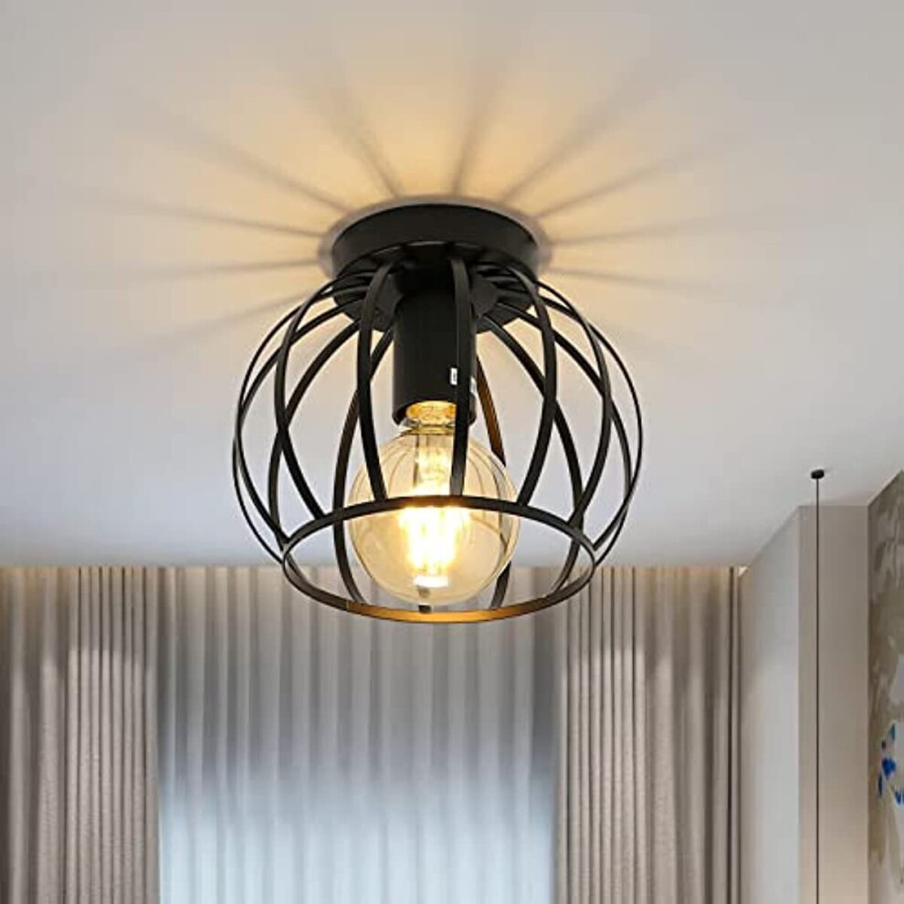 Ceiling Light Black Semi Flush Mount Ceiling Light Fixture Metal Cage Ceiling Lampshade with E27 Holder for Living Room Kitchen Bedroom Hallway