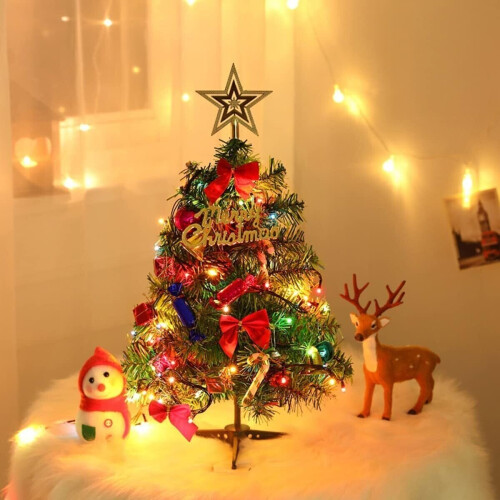 Mini Small Christmas Tree With LED Lights Tabletop Artificial Xmas Ornament Gift
