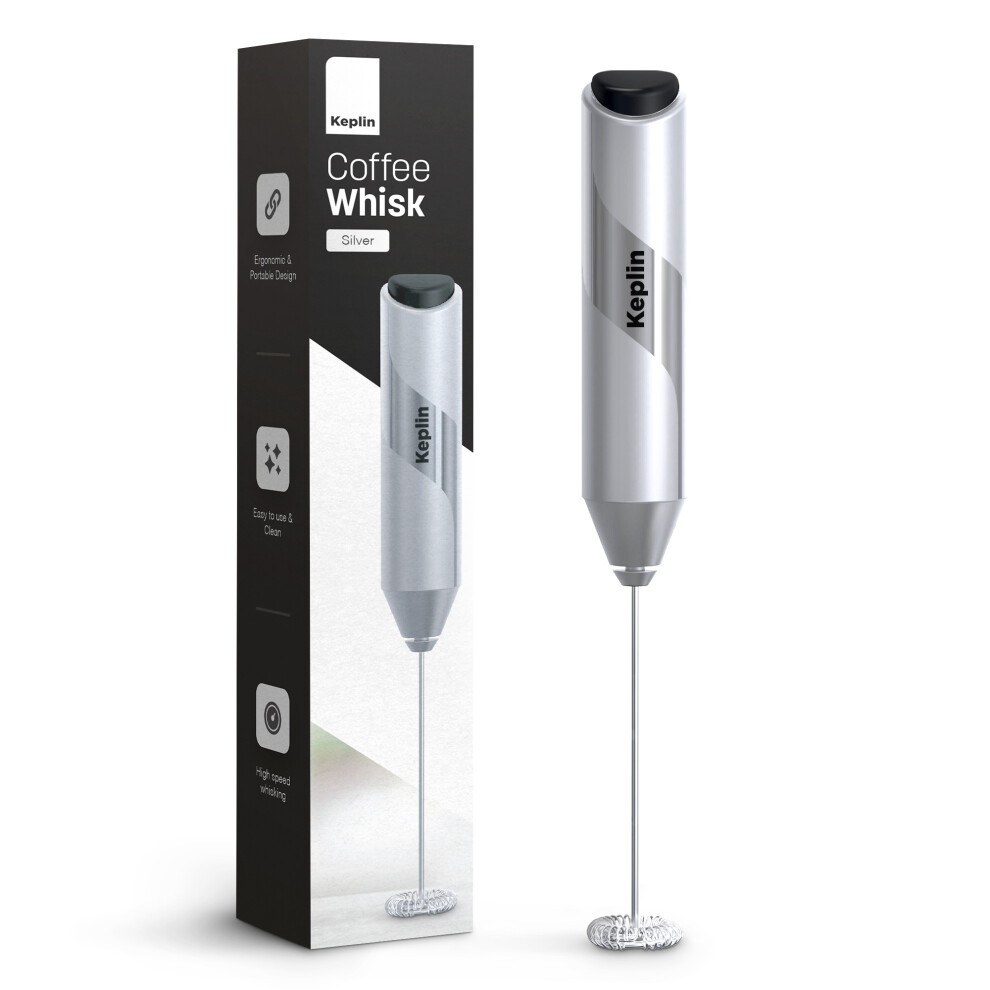 (Silver) Keplin Milk Frother Handheld, Electric Milk Foam Maker with Stainless Steel Whisk