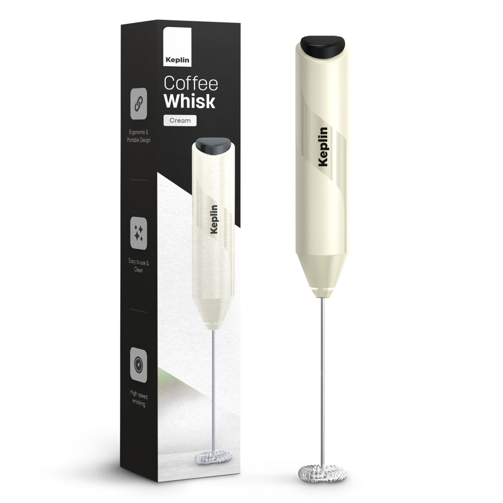 (Cream) Keplin Milk Frother Handheld, Electric Milk Foam Maker with Stainless Steel Whisk