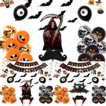 (A, One size) Halloween Party Decor Banner Orange And Black Pumpkin Eyeball Balloons Swirls Stickers Set
