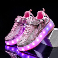 (Q8- pink, 31) Children Two Wheels Luminous Glowing Sneakers Red Pink Blue Led Light Roller Skate Shoes Kids Led Shoes Boys Girls USB Charging