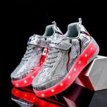 (Q8- silver, 38) Children Two Wheels Luminous Glowing Sneakers Red Pink Blue Led Light Roller Skate Shoes Kids Led Shoes Boys Girls USB Charging