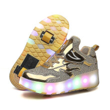 (E67 gold, 39) Led Lights Up Wheel Roller Skate Shoes Boys Girls Technical Skateboarding Shoe Double Wheels Usb Charging Flashing