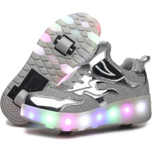 (E67 silver, 38) Led Lights Up Wheel Roller Skate Shoes Boys Girls Technical Skateboarding Shoe Double Wheels Usb Charging Flashing