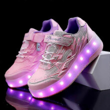 (Pink, 34) Usb Chargable Led Up Roller Shoes Wheeled Skate Sneaker Shoes For Boys Girls Kids Q7 Zuan