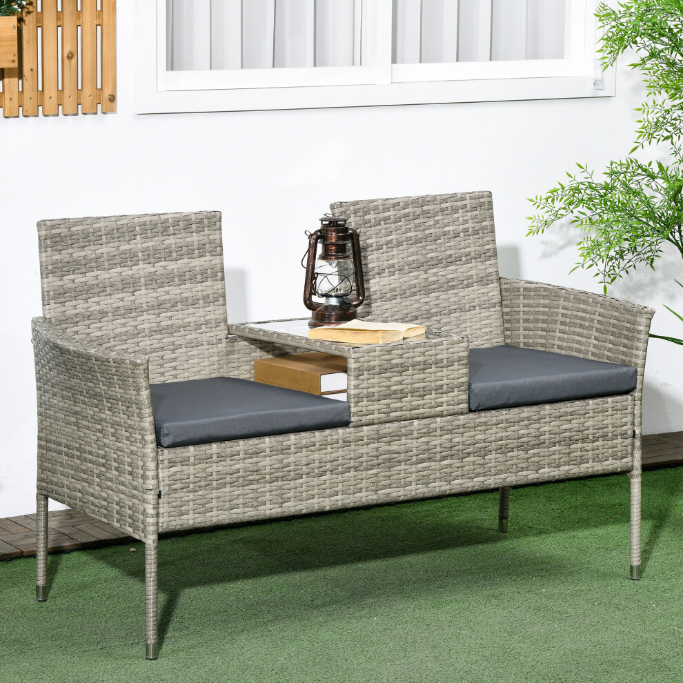 Outsunny Rattan Garden Bench w/ Glass Tea Table, Wicker Chair w/ Cushions Grey