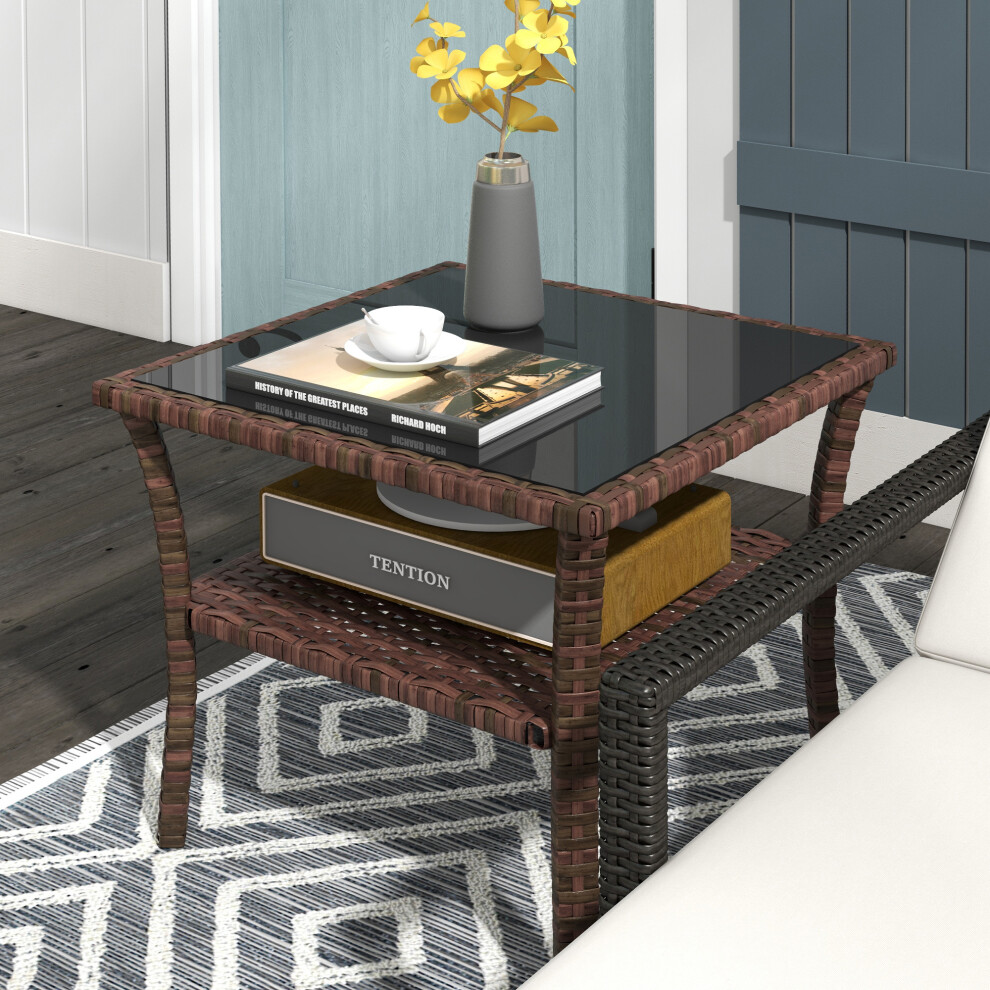 Outsunny PE Rattan Coffee Table, Two-tier Side Table with Glass Top, Brown