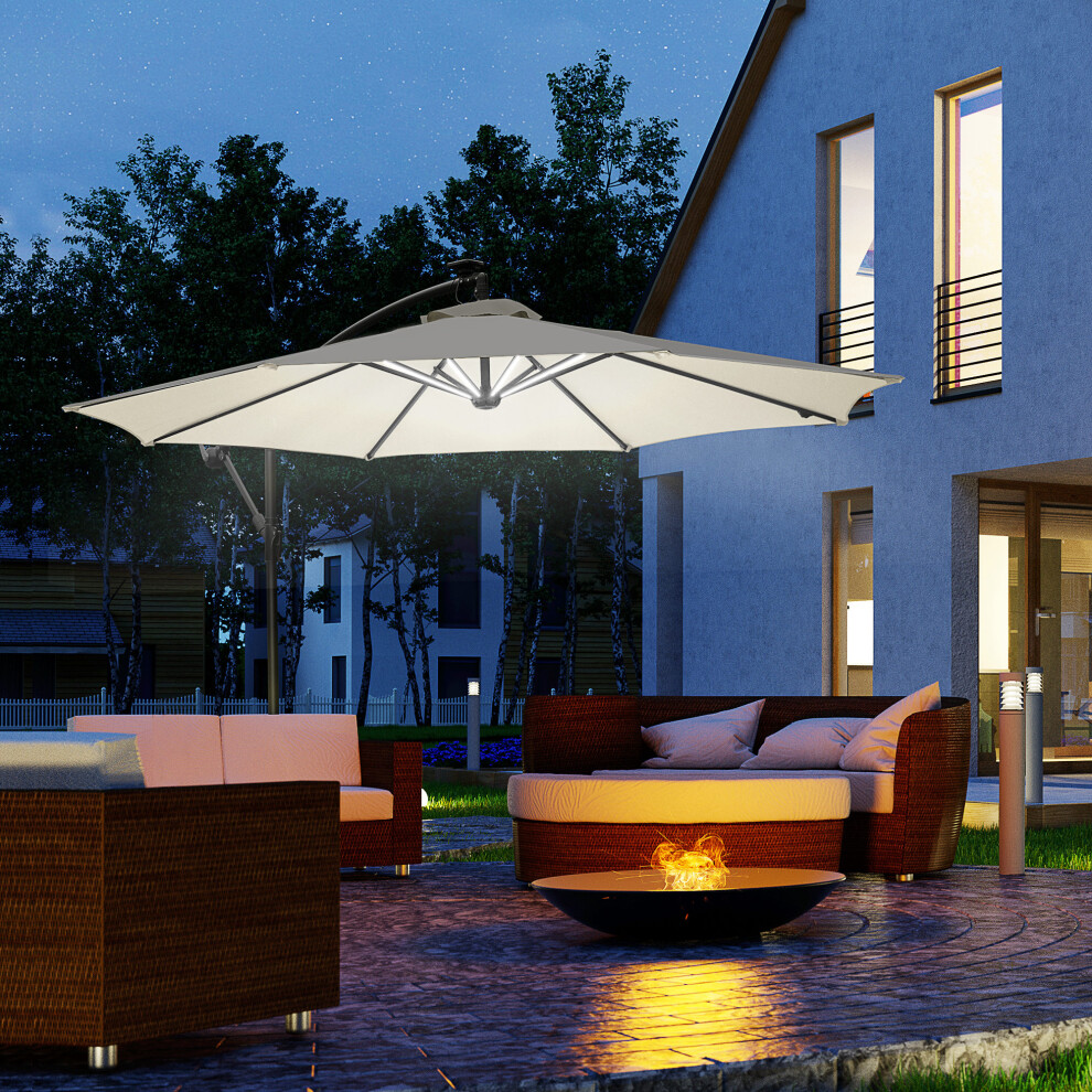Outsunny 3(m) LED Patio Banana Umbrella Cantilever Parasol w/ Crank, Off-White
