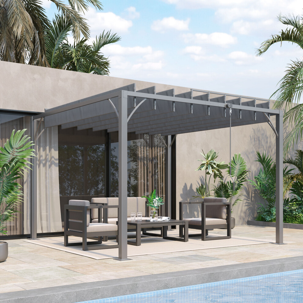 Outsunny 3 x 3(m) Outdoor Louvered Metal Pergola with Retractable Roof, Grey