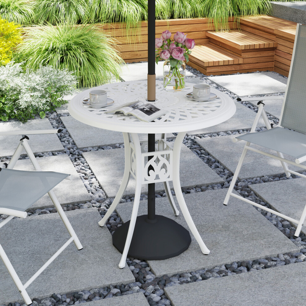 Outsunny 78 Cm Round Cast Aluminium Garden Dining Table With Parasol Hole - (84B-729V00wt) White