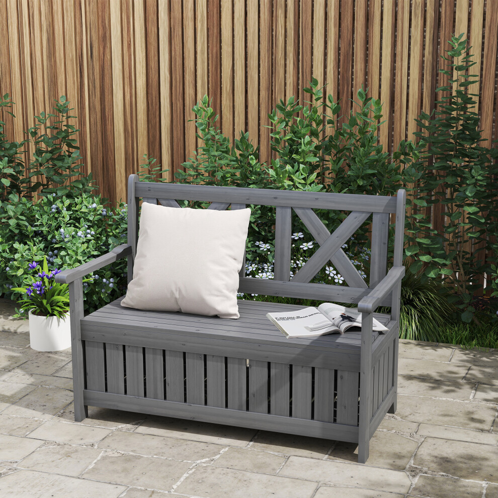 Outsunny Wood Storage Garden Bench For Patio Outdoor Seating, Charcoal Grey