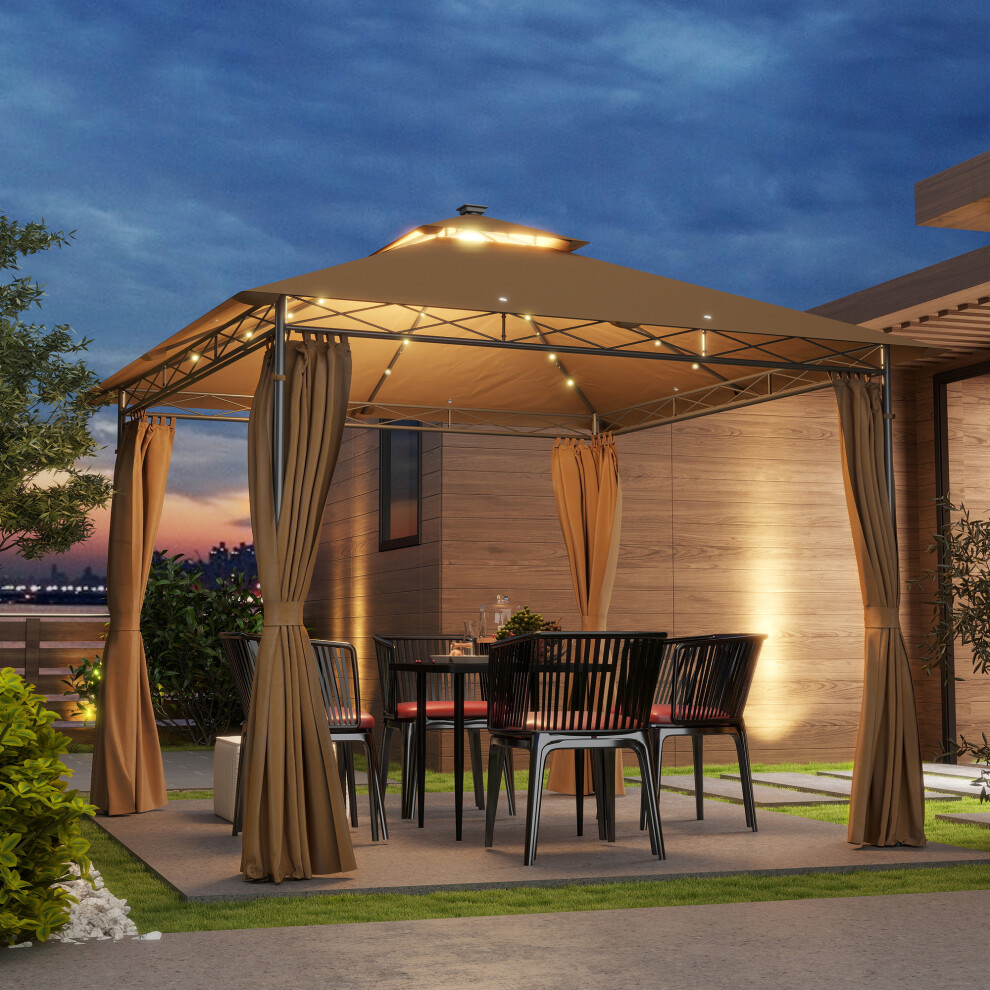 Outsunny 3 x 3 m Double Roof Outdoor Gazebo with Curtains, Brown