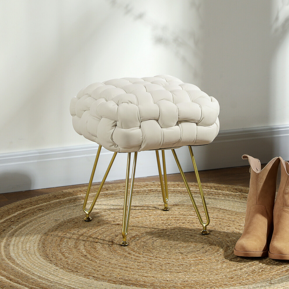 HOMCOM Woven Velvet Foot Stool with Steel Legs for Living Room, Cream White-image-OPC-PFX5ZGK-NEW