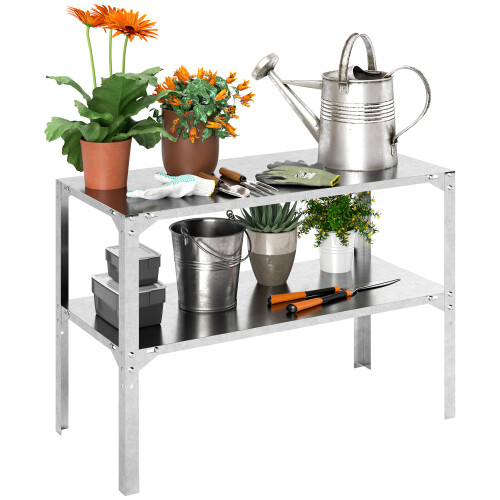 Outsunny Outsunny 2 Tier Potting Bench Table, Galvanised Work Bench, Silver Tone 1