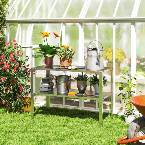 Outsunny Outsunny 2 Tier Potting Bench Table, Galvanised Work Bench, Silver Tone