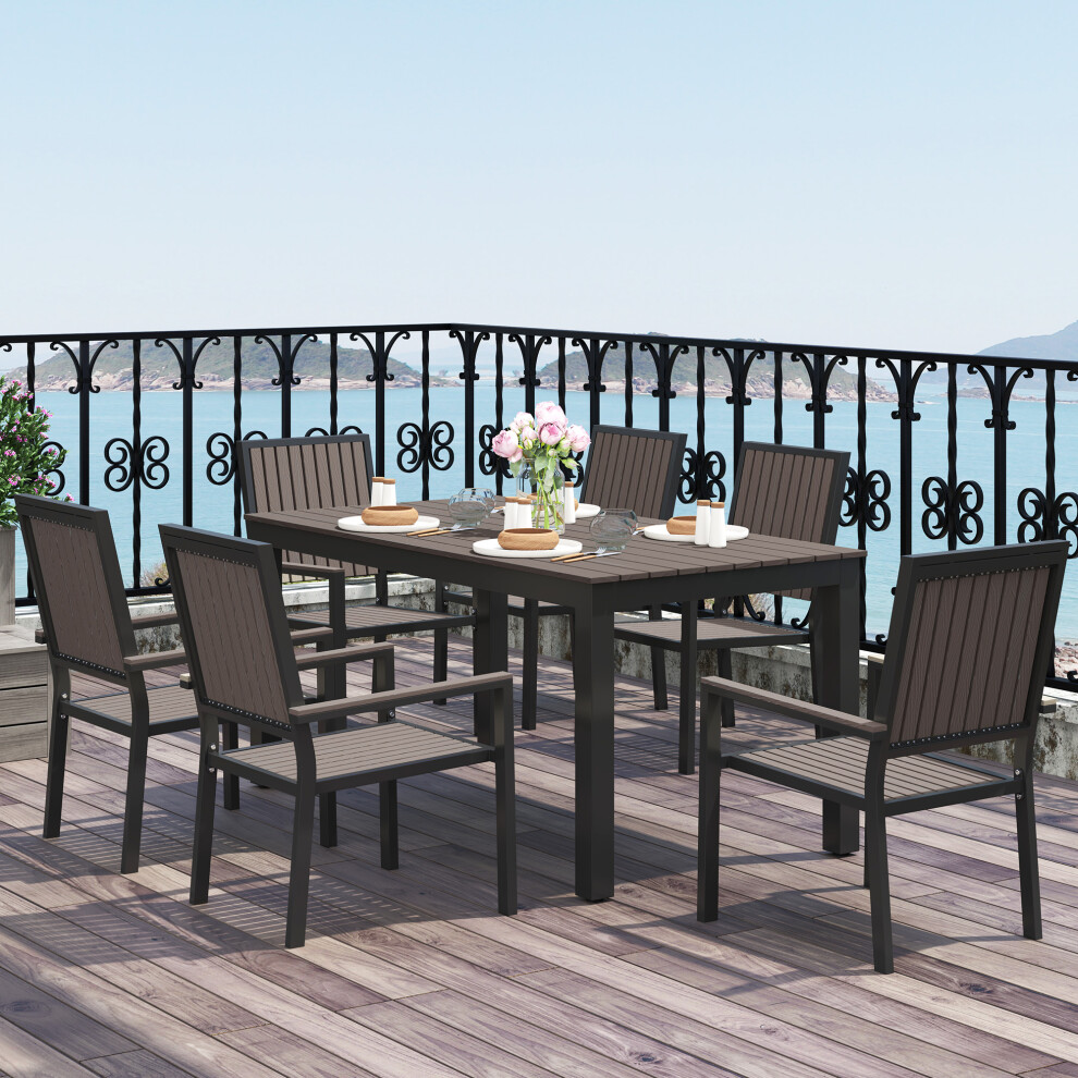 Outsunny 6 Seater Aluminium Garden Dining Set With Stackable Chairs, Brown