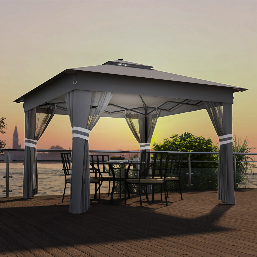 Outsunny 3.36x3.36m Pop Up Gazebo w/ Solar-Powered LED Lights Netting Grey