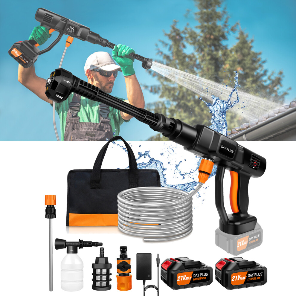 (2 Batteries) 21V Cordless Pressure Washer Jet Washer 45Bar for Cleaning Car Garden Brushless Electric Washer