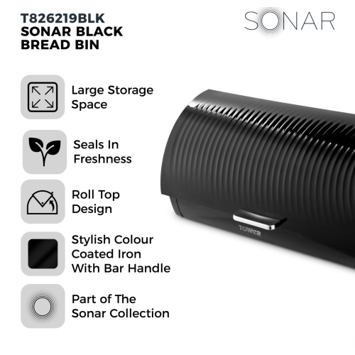 Tower Tower Sonar Bread Bin T826219BLK (Black) – 16L Roll-Top, Ventilated Iron Bread Storage, Modern Kitchen 1
