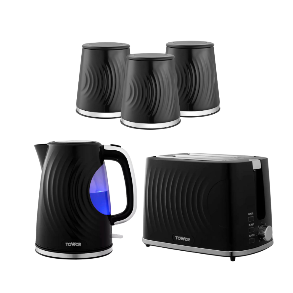 Tower Sonar Kettle, 2 Slice Toaster & Canisters Kitchen Set (Black)