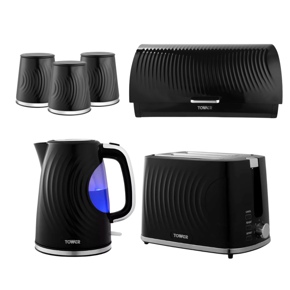 Tower Sonar Black Kettle 2 Slice Toaster BreadBin Canister Kitchen Set
