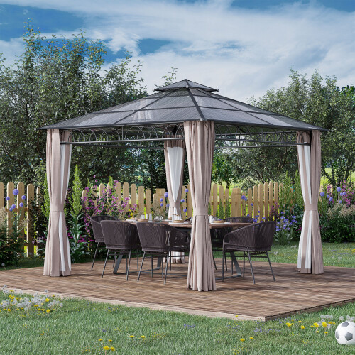 Outsunny 3 x 3 (m) Double Roof Hard Top Gazebo w/Nettings & Curtains, Khaki