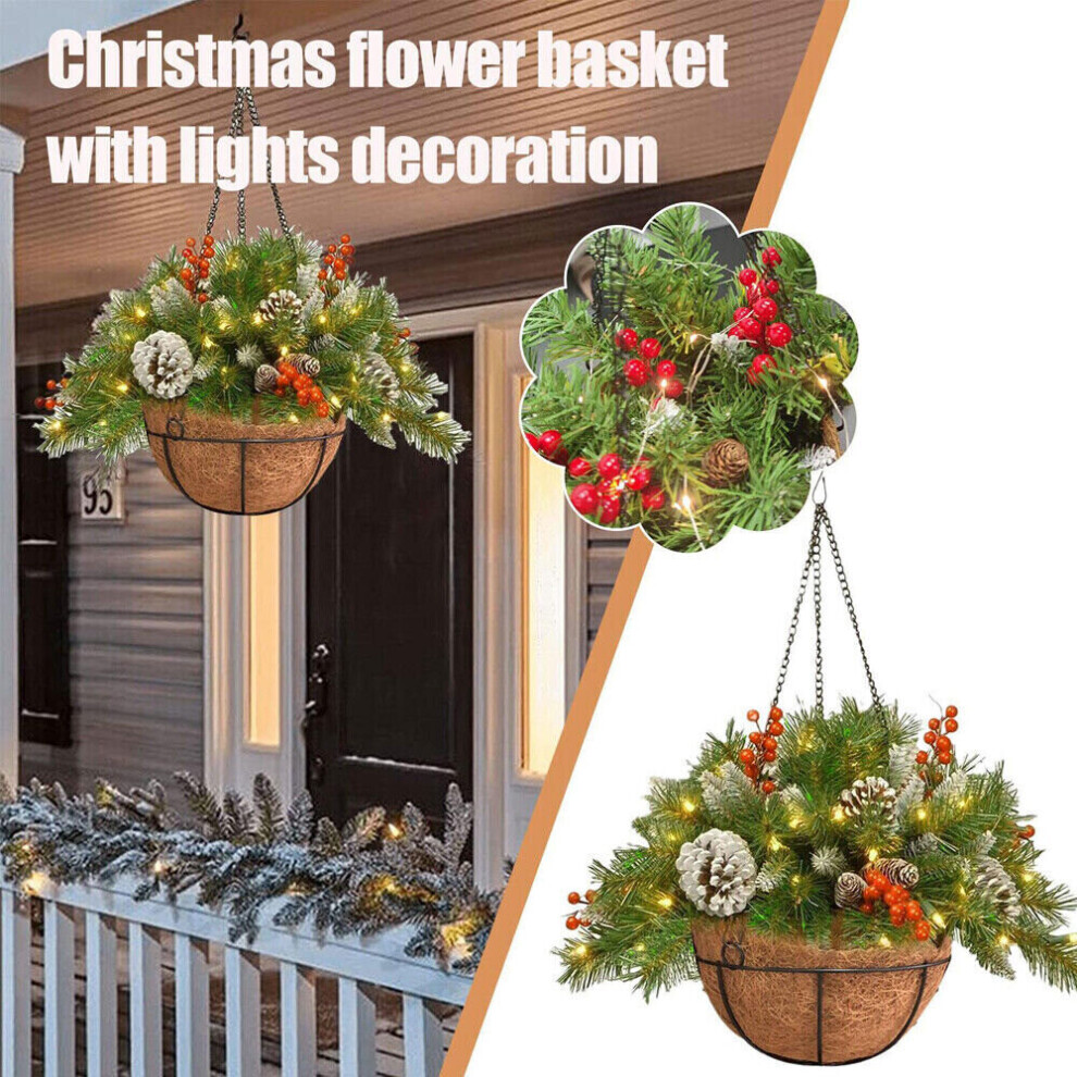 Garden Baskets Xmas Hanging Baskets w/ Led String Lights & Pine Cones & Berries