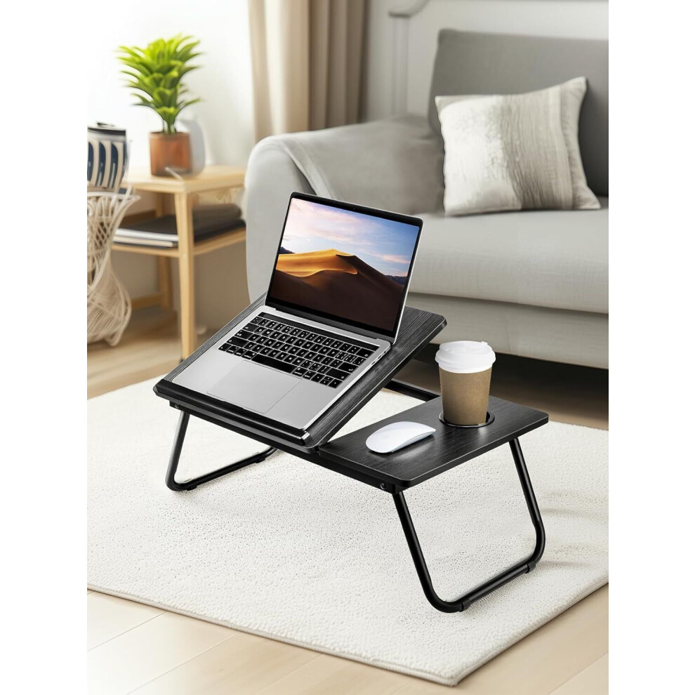 (Black) Foldable Laptop Desk Laptop Table with Cup Holder