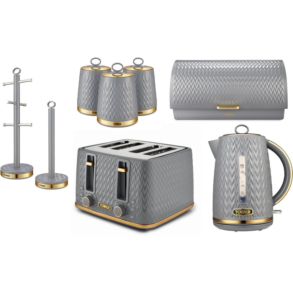 Tower Empire Grey Kettle, 4 Slice Toaster Bread Bin Canisters Mug Tree