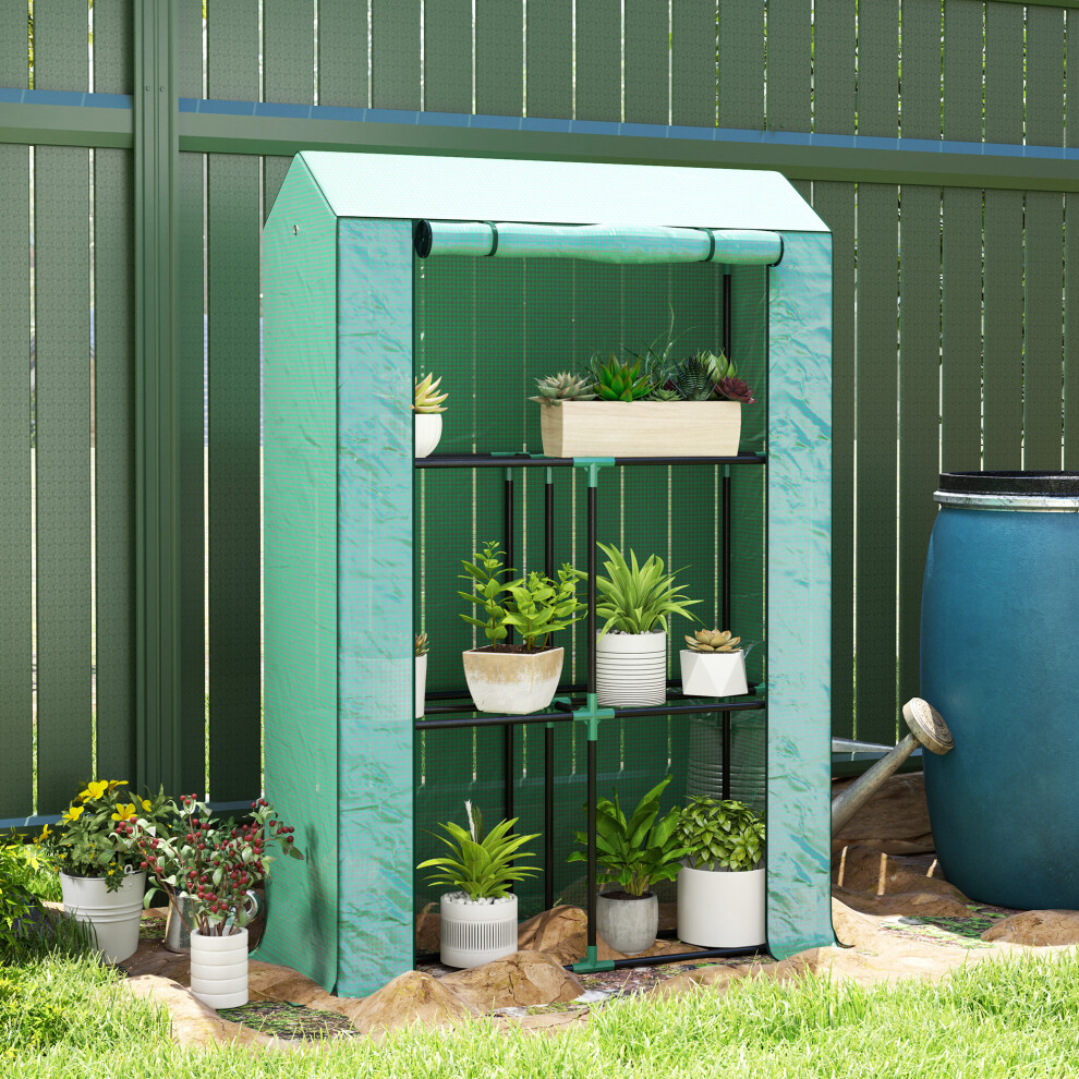 Outsunny 3 Tier Mini Greenhouse With Pe Cover, Roll-Up Door, Green