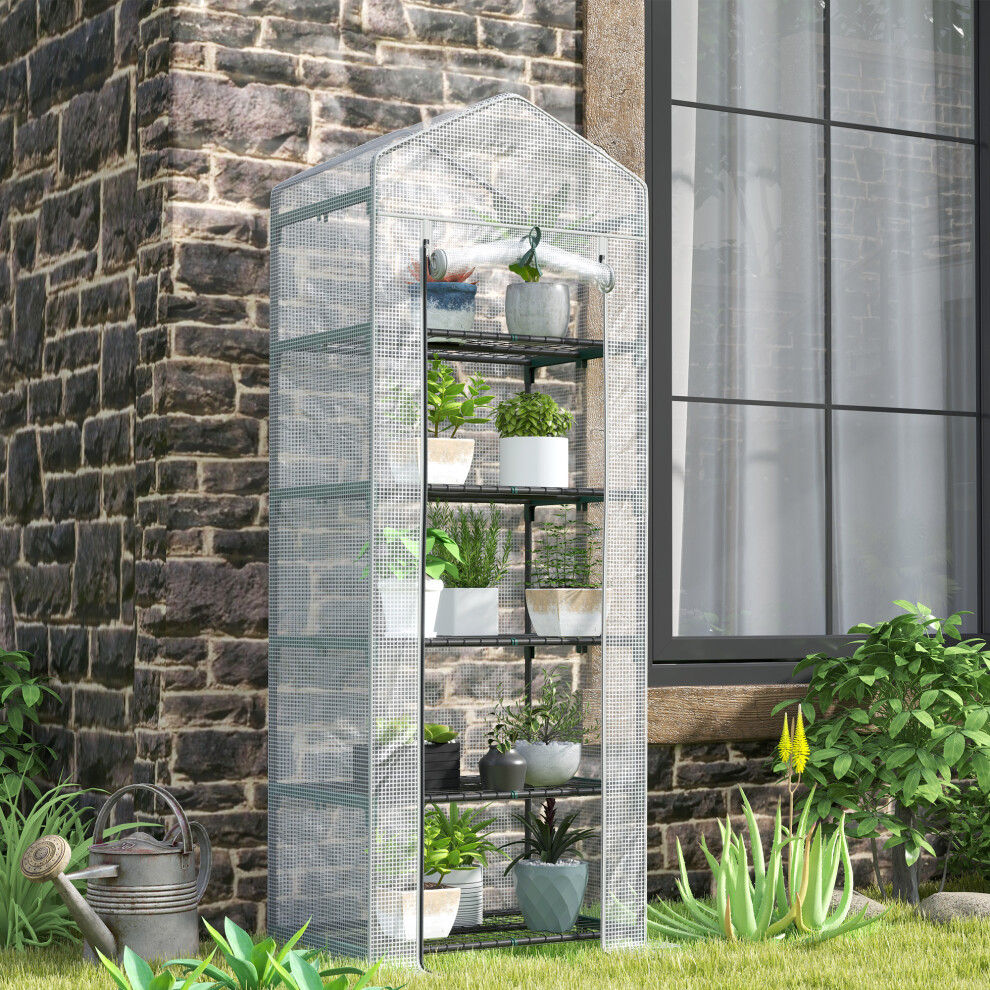 Outsunny 5 Tier Mini Greenhouse Grow House W/ Roll Up Door, White/Grey