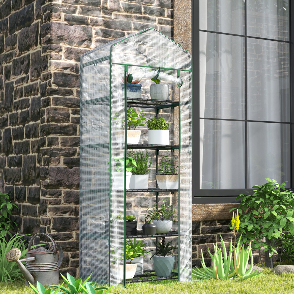 Outsunny 5 Tier Mini Greenhouse Grow House W/ Roll Up Door, White/Green