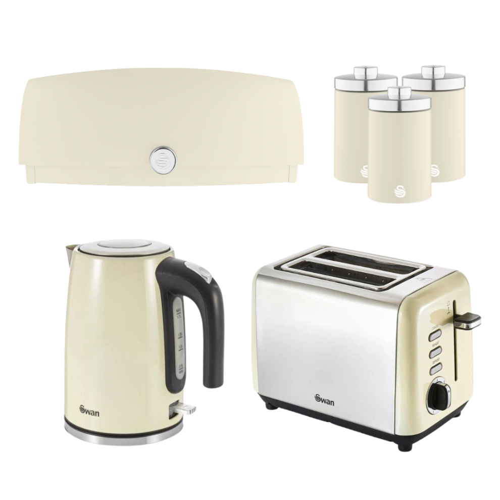 Swan TownHouse Cream Kettle, 2 Slice Toaster, Bread Bin Kitchen Set