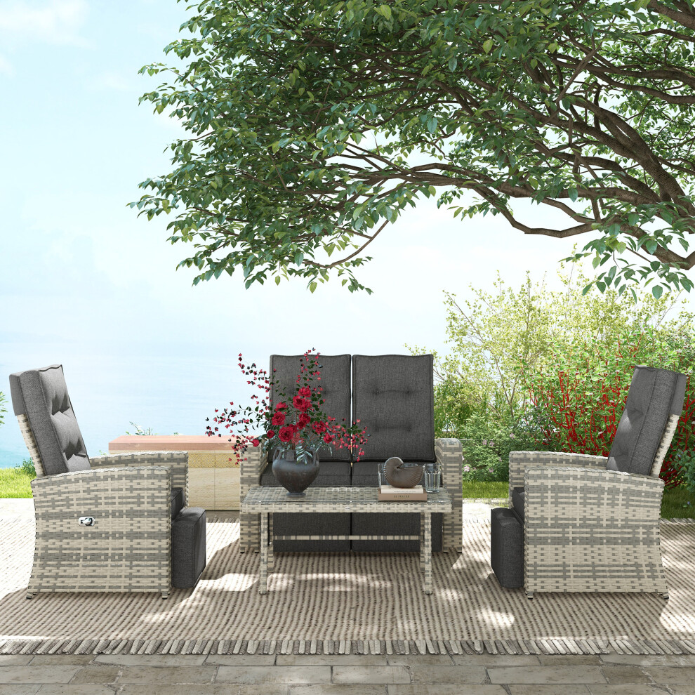 Outsunny 4 Piece Rattan Garden Furniture Set with Sofa, Glass Table, Light Grey