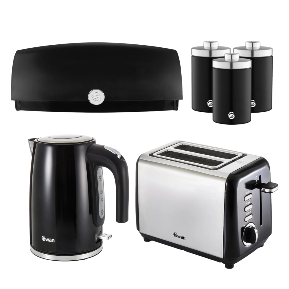 Swan TownHouse Black Kettle, 2 Slice Toaster, Bread Bin Canisters Set